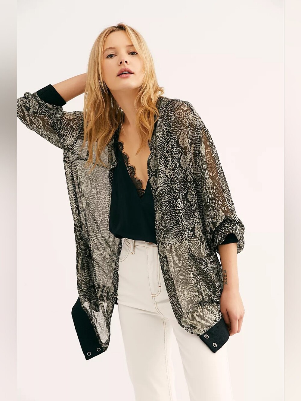 Freepeople Slouchy Sheer Snakeskin-Print Bomber Style Jacket - Olive Green/Black